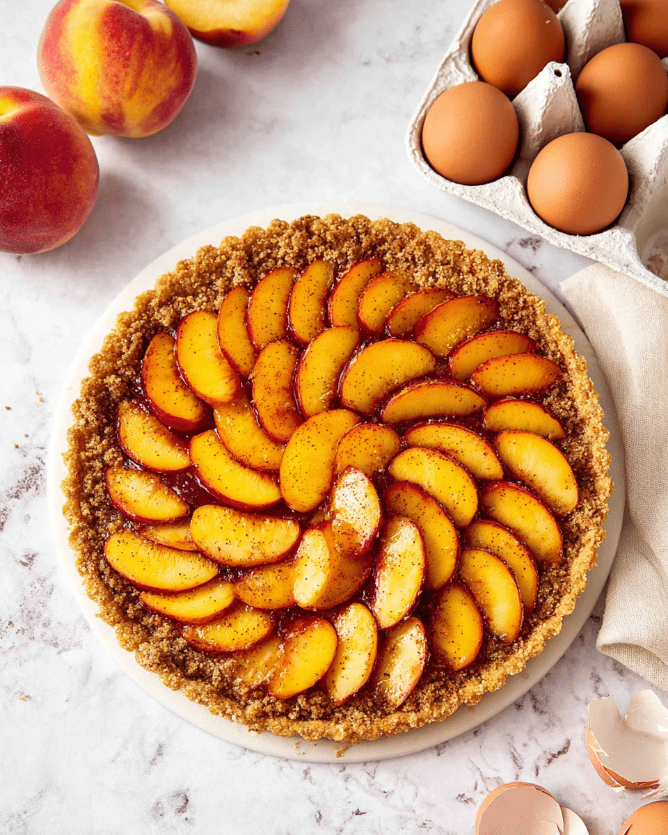 A round tart sits centered on a white marbled surface, topped with three layers. The bottom layer is a golden, baked crust with a crumbly texture edge covered by a thick layer of brown sugar crumb topping. On top is a vibrant layer of peach slices, arranged in overlapping circular rows, showing bright orange-yellow flesh with red edges and a light dusting of cinnamon or spice. Near the tart, there are whole and halved peaches on the upper left, and a white ceramic egg tray holding cracked brown eggshells on the upper right. Photo taken with an iphone --ar 4:5 --v 7