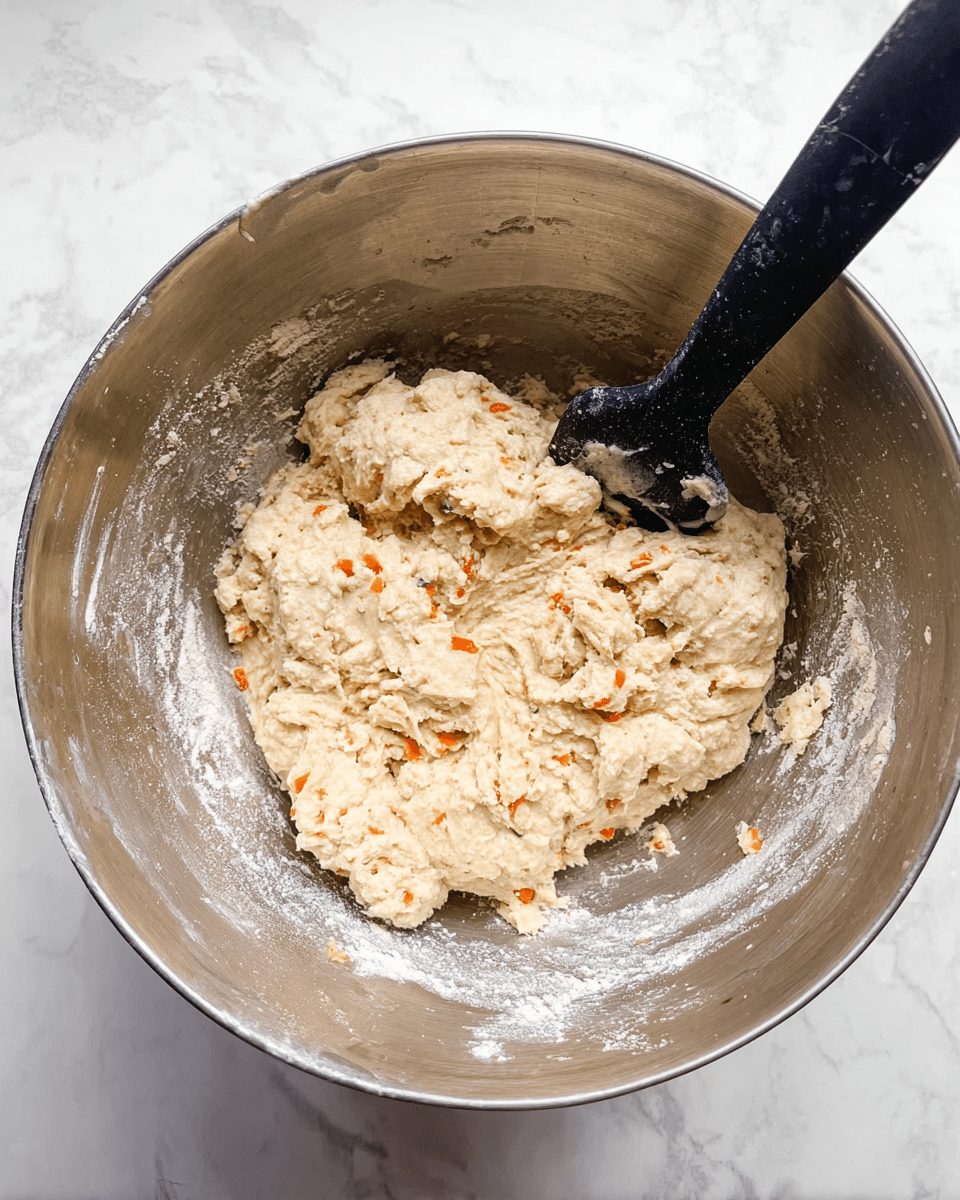 A silver mixing bowl filled with light beige dough that has rough texture and orange bits mixed inside. A black spatula is resting in the dough, partly covered with it. The inside sides of the bowl have some flour and dough stuck lightly. The bowl is placed on a white marbled surface. photo taken with an iphone --ar 4:5 --v 7