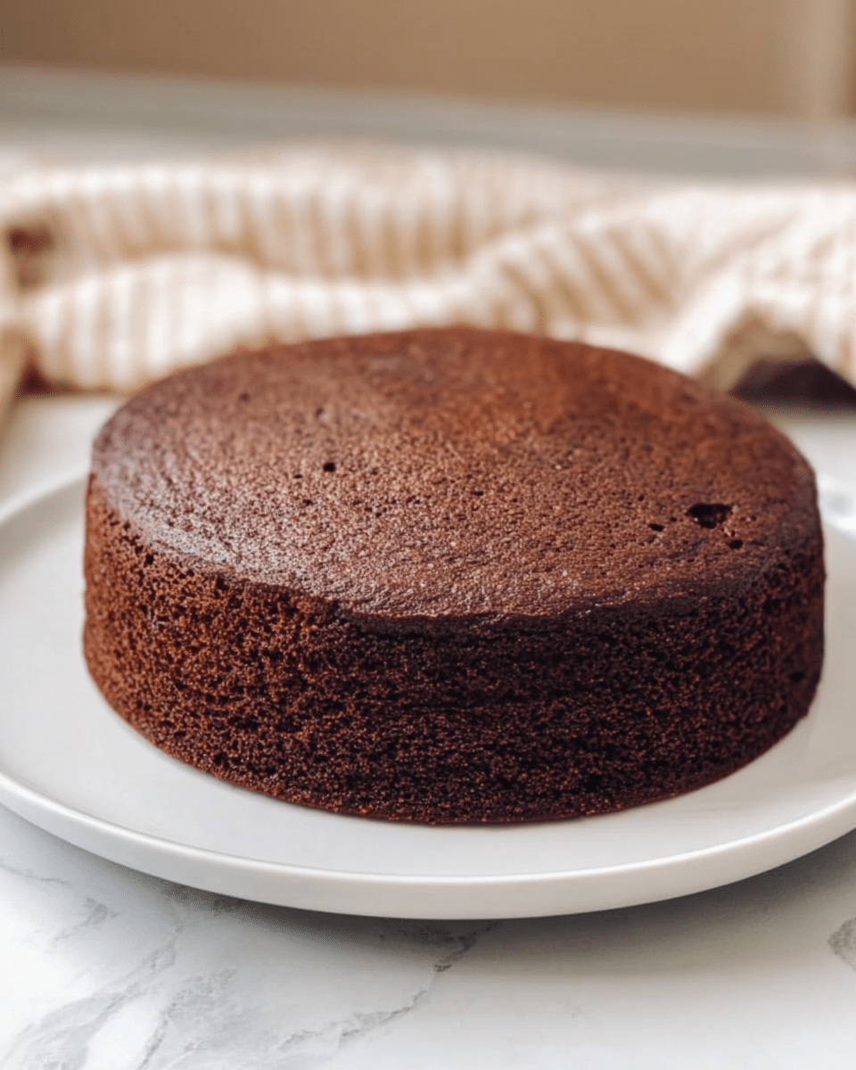 A single thick round chocolate cake sits on a plain white plate, showing a smooth, slightly cracked top with a rich dark brown color. The cake has a soft, moist texture with small holes visible on the side, and it stands firmly on a white marbled surface. The background includes a beige and white kitchen cloth slightly out of focus. Photo taken with an iphone --ar 4:5 --v 7