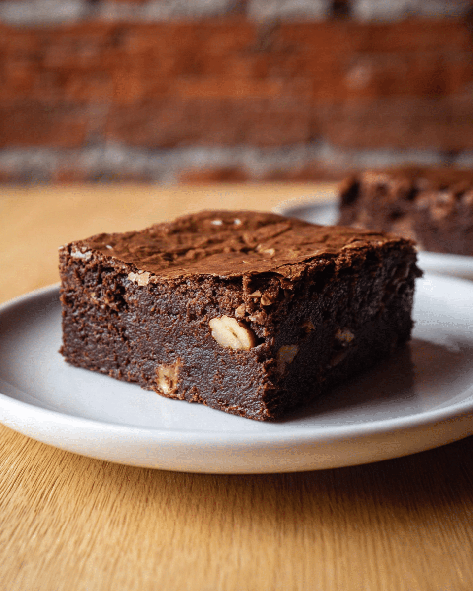 A single thick square piece of dark brown brownie sits on a white plate, showing two layers: a moist, dense bottom layer with visible chunks of light-colored nuts and a thin, slightly cracked, dry top layer with a shiny texture. The brownie is centered on the plate, which rests on a wooden surface, and the background is a white marbled texture with blurred brown brick visible at the top. photo taken with an iphone --ar 4:5 --v 7