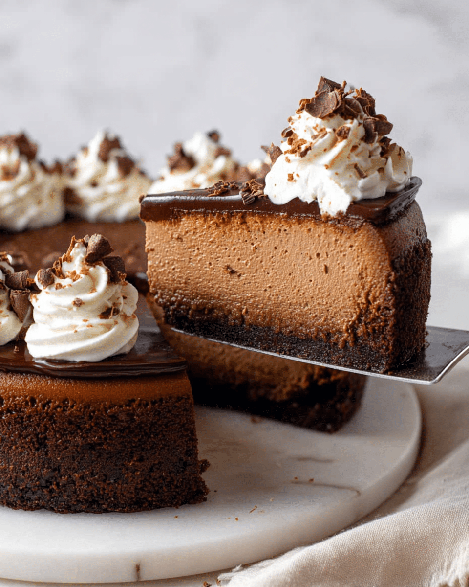 A slice of chocolate cheesecake is lifted by a metal spatula from the whole cake on a white marble round board. The cake has three visible layers: a thick dark brown chocolate crust at the bottom with a rough texture, a large middle layer of creamy medium brown chocolate cheesecake with a smooth and slightly airy texture, and a thin dark chocolate ganache layer on top with a glossy finish. The slice is topped with a swirl of white whipped cream decorated with small chocolate shavings. The whole cake shows more whipped cream swirls with chocolate shavings around the edges. The background is a white marbled texture. Photo taken with an iphone --ar 4:5 --v 7