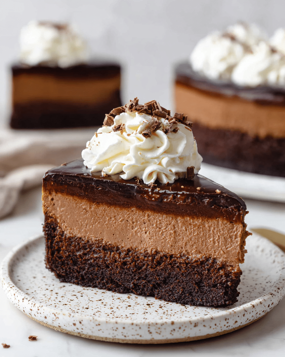 A slice of chocolate layered dessert on a white speckled plate shows three layers: the bottom is a dark brown dense base, the middle is a thick, lighter brown creamy layer with a smooth texture, and the top is a shiny, dark chocolate glaze. On the top center sits a swirl of white whipped cream with small chocolate shavings sprinkled over it. In the soft-focused background, more slices and the whole dessert are visible on white speckled plates, all set on a white marbled surface. photo taken with an iphone --ar 4:5 --v 7