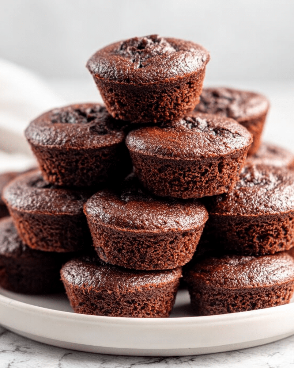 A stack of small, round chocolate muffins forms a pyramid on a white plate placed on a white marbled surface. Each muffin has a dark brown, slightly shiny top with a crackled texture, showing a dense but soft crumb inside. The muffins are layered tightly, with the bottom row supporting multiple layers above, giving a sense of height and abundance. The whole scene is bright and clean, highlighting the rich, deep brown color of the muffins. Photo taken with an iphone --ar 4:5 --v 7