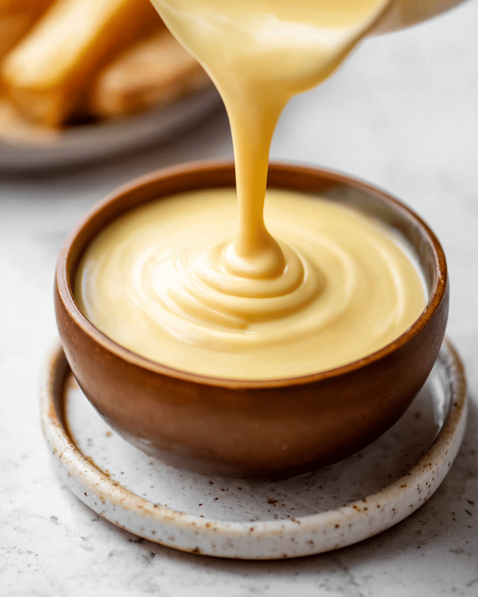 A thick creamy sauce with a smooth, pale yellow color is being poured into a small round brown bowl. The sauce forms a swirl pattern on the surface as it fills the bowl. The bowl is placed on a white speckled plate, all set on a white marbled surface. In the blurred background, light tan shapes are visible, likely food items. photo taken with an iphone --ar 4:5 --v 7