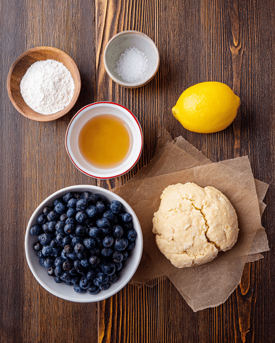 A top view of separated ingredients arranged on a dark wood surface. In the center right, a round, pale dough ball with a cracked, dry texture sits on two pieces of brown parchment paper. Just below the dough, a white bowl filled with plump, dark blue blueberries shows a matte, slightly dusty skin. Above the blueberries, a white bowl with golden amber liquid is visible. To the left, a white bowl with a red rim contains white granulated sugar. Above this bowl, a small wooden plate holds a small pile of white powder. At the top center, a vibrant yellow lemon with slightly rough skin rests next to a tiny ceramic bowl with a bit of white salt inside. The wood surface beneath all the items has deep grain patterns and a rich brown color. photo taken with an iphone --ar 4:5 --v 7