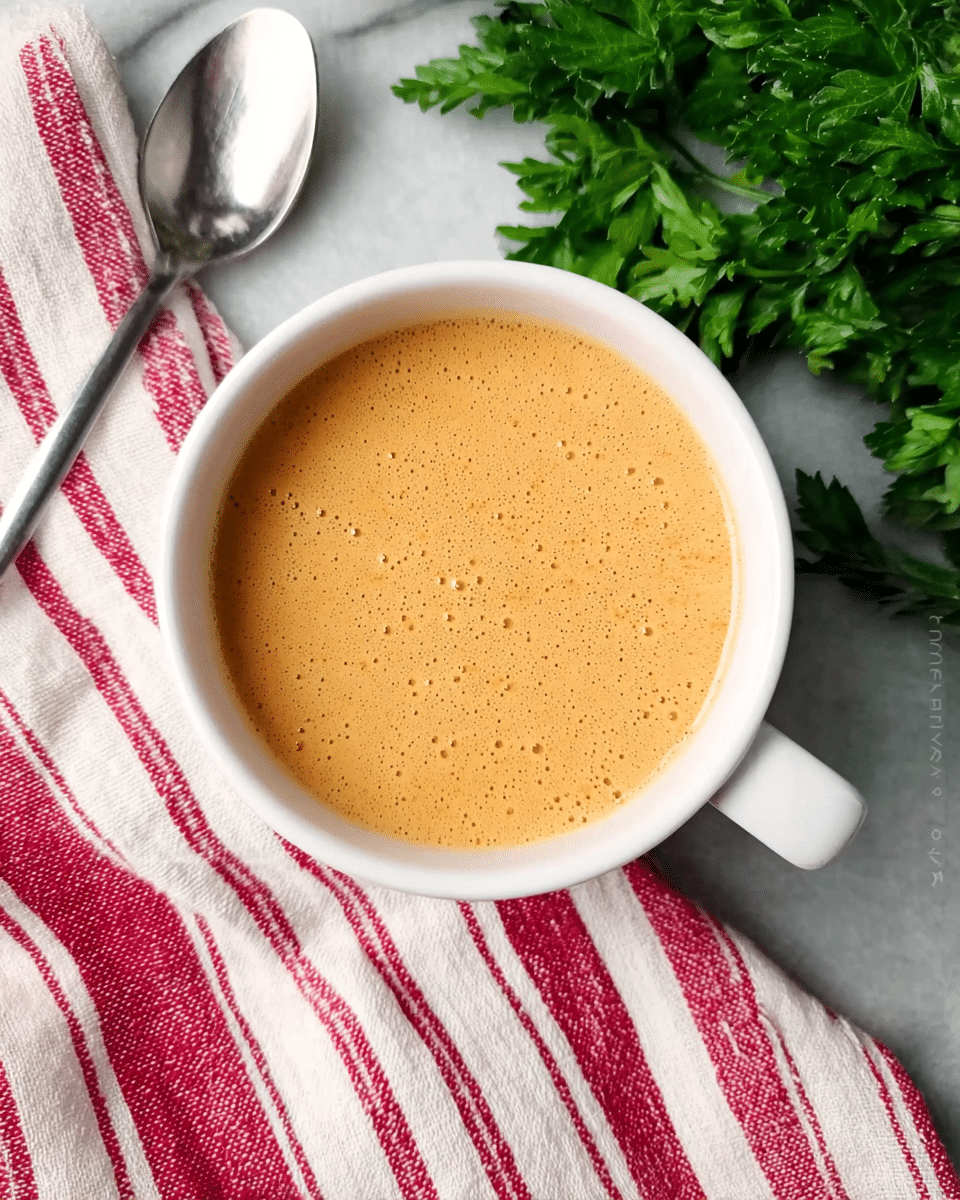 A white bowl filled with a smooth, creamy light orange soup that has tiny bubbles on the surface, placed on a white marbled texture. To the left of the bowl, there is a silver spoon and a red and white striped cloth napkin. On the right side, there are some fresh green parsley leaves. The overall look is cozy and fresh. photo taken with an iphone --ar 4:5 --v 7