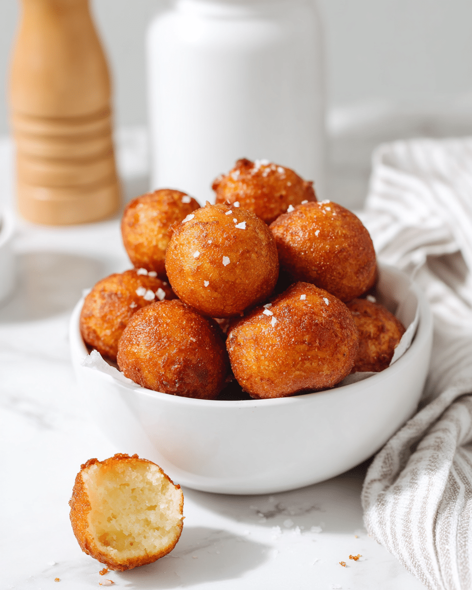 A white bowl filled with about ten golden brown round fritters, each with a crispy outer texture showing some roughness and a few flakes of coarse salt on top, stacked slightly uneven inside the bowl. One fritter is broken open and placed outside the bowl on the white marbled surface, revealing a soft, light-colored inside. The background shows a blurred white jar and a wooden pepper mill, with a light grey and white striped cloth partially visible near the bowl. The overall setting is bright and clean, with the food as the clear focus. Photo taken with an iphone --ar 4:5 --v 7