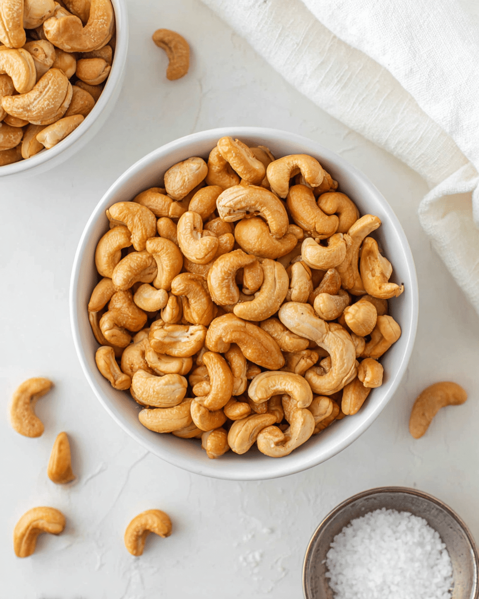 A white bowl filled with golden brown roasted cashew nuts, each nut showing a smooth and slightly shiny texture, filling the bowl completely. To the top left, there is another partially visible white bowl with more cashew nuts, and a few loose cashews are scattered on the white marbled surface. At the bottom right, there is a small metal bowl filled with coarse white salt. A soft white cloth is placed in the top right corner, all set against a white marbled background. Photo taken with an iphone --ar 4:5 --v 7