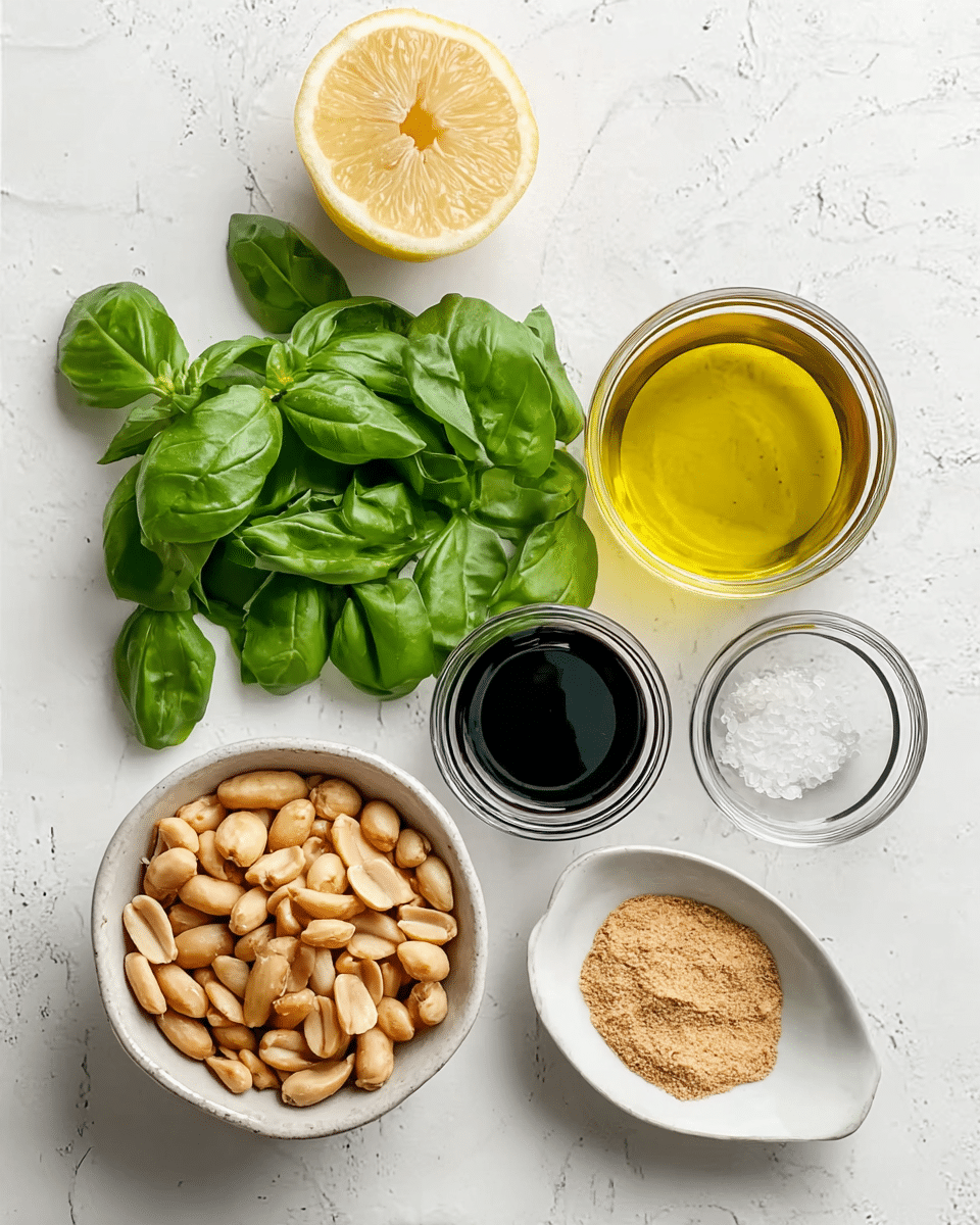 A white bowl filled with light brown peanuts is at the bottom right of the image. Above it on the right is a small clear jar filled with yellow olive oil. Next to it below is a small clear jar filled with dark balsamic vinegar. To the left of the peanuts is a bunch of bright green fresh basil leaves. On the top left is a halved lemon with a pale yellow inside. Next to it on the right is a small white dish holding a pile of light brown garlic powder and coarse white salt. The background is a white marbled texture. photo taken with an iphone --ar 4:5 --v 7
