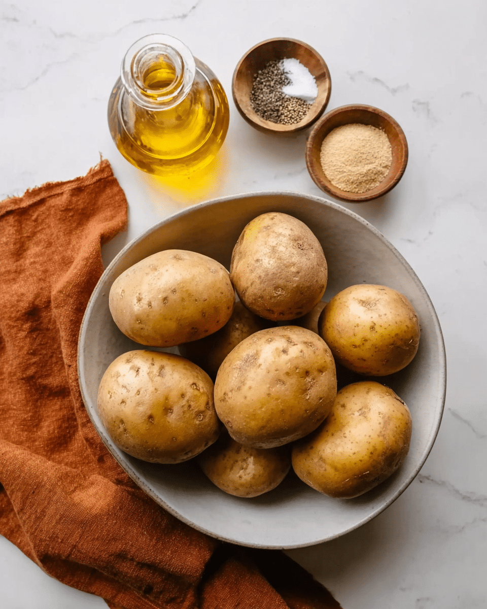 A white bowl filled with seven raw, brown potatoes, all different sizes and shapes, sits on a white marbled surface next to a small bowl with three piles of spices: a pale beige powder, black pepper, and salt. Near the spice bowl is a clear glass bottle filled with golden cooking oil, and underneath the bowl of potatoes is a folded burnt orange cloth. photo taken with an iphone --ar 4:5 --v 7