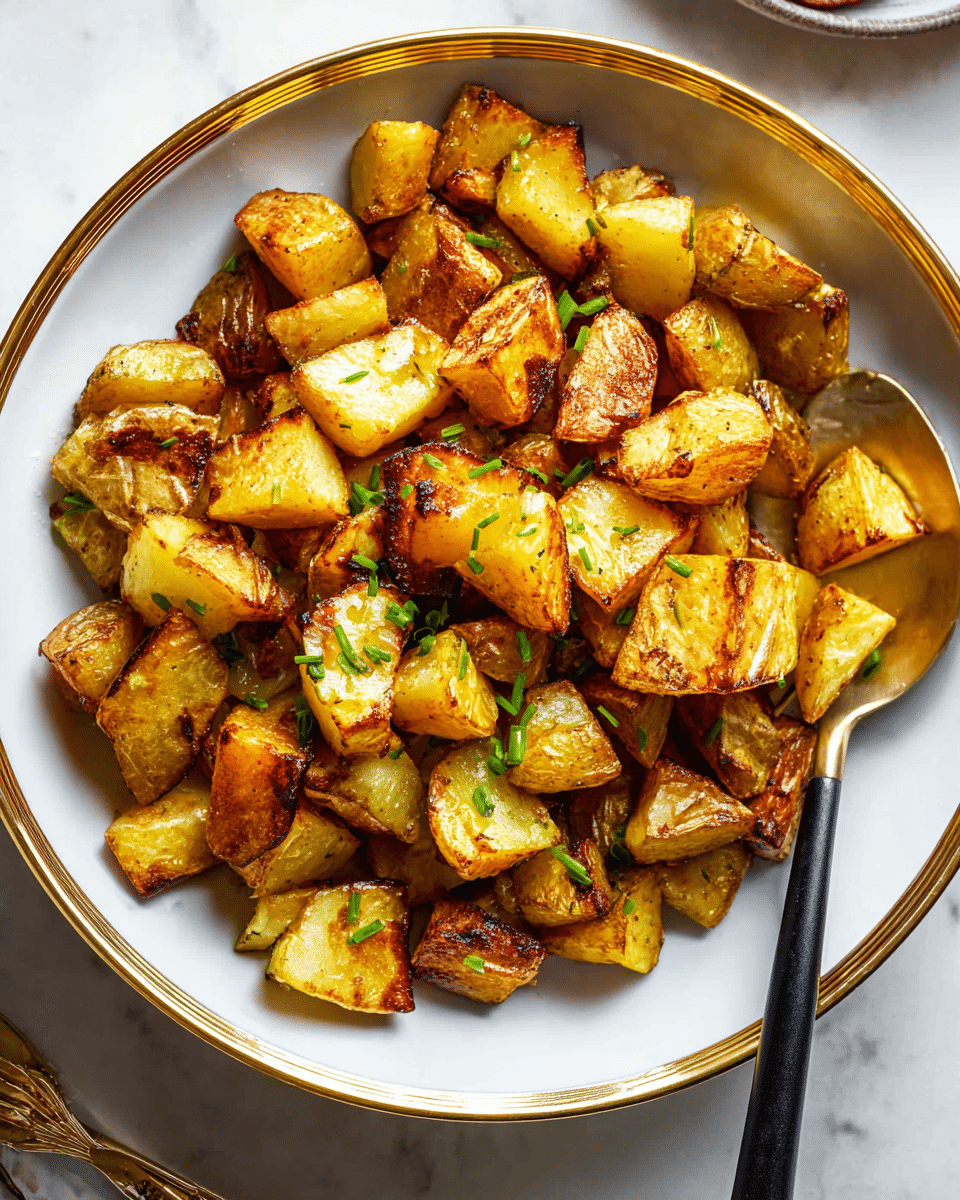 A white bowl with a gold rim holds a generous serving of golden roasted potato chunks. The potatoes are cut into medium-sized, irregular cubes, each piece showing a mix of browned, crispy edges and soft yellow interiors. Small green chive pieces are scattered evenly on top, adding a fresh contrast. A gold spoon with a black handle rests partially inside the bowl on the right side. The bowl sits on a white marbled surface with warm lighting that highlights the crispy texture of the potatoes. photo taken with an iphone --ar 4:5 --v 7