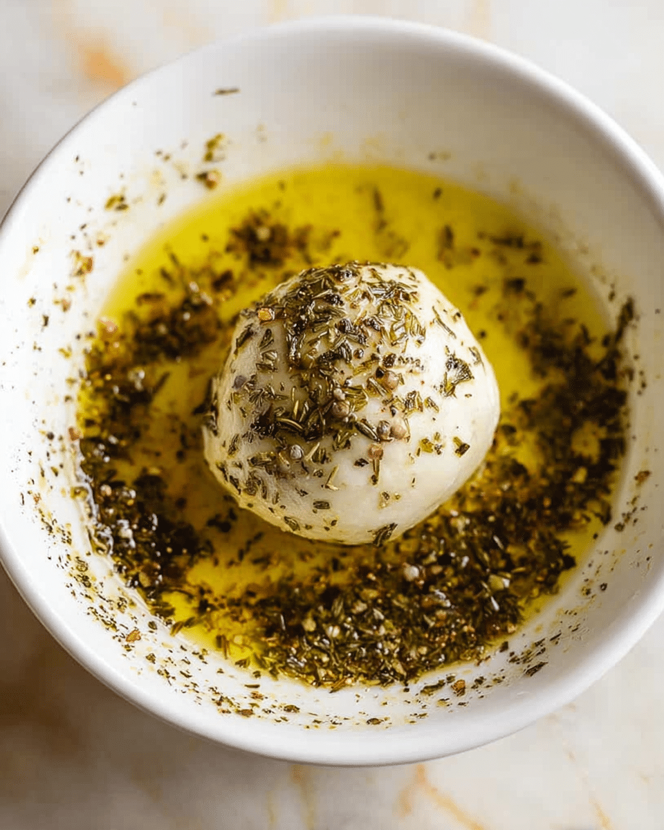 A white bowl with a single round white dough ball in the middle, covered with small bits of herbs and spices. The dough ball is placed in a layer of golden yellow oil mixed with black, green, and brown herbs and spices spread evenly around the bowl's base. The bowl edges show some scattered herbs. The bowl sits on a white marbled surface. photo taken with an iphone --ar 4:5 --v 7