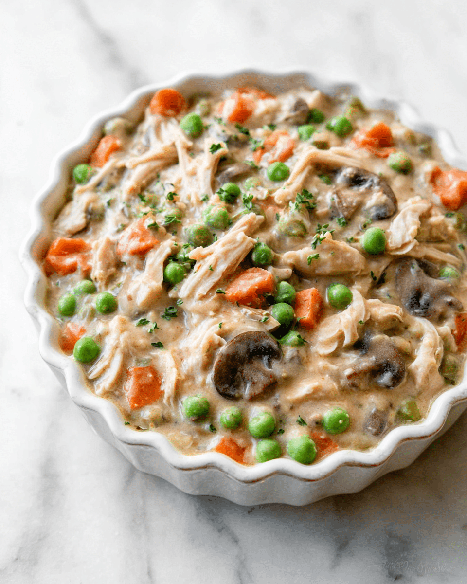 A white fluted bowl filled with a thick, creamy mixture showing three main layers: a beige sauce layer with a smooth, slightly chunky texture, generously mixed with medium green peas and bright orange carrot slices scattered throughout; a layer of soft white shredded chicken pieces spread evenly on top and mixed in; and round dark brown mushroom slices peeking through the sauce. The dish is presented on a white marbled surface. photo taken with an iphone --ar 4:5 --v 7