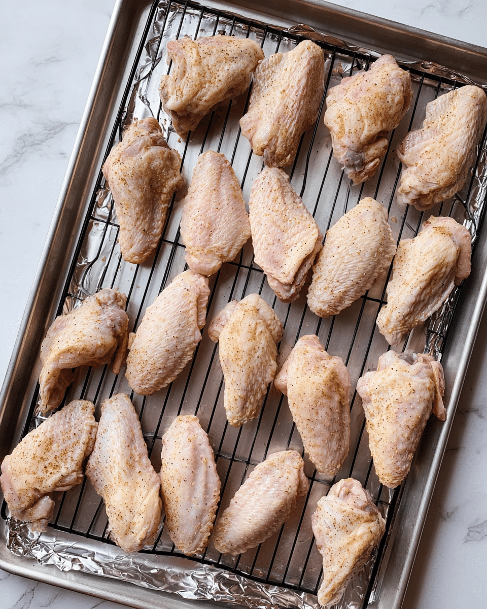 A white metal baking tray with a black rack holds about fifteen raw chicken wings spread out evenly. The chicken wings are pale pink with a light dusting of seasoning, showing a slight texture from skin and thin fat layers. The wings have various shapes, some folded, some flat, with visible skin dimples and seasoning specks. The tray is placed on a white marbled surface, with a silver foil lining peeking from below the tray. photo taken with an iphone --ar 4:5 --v 7