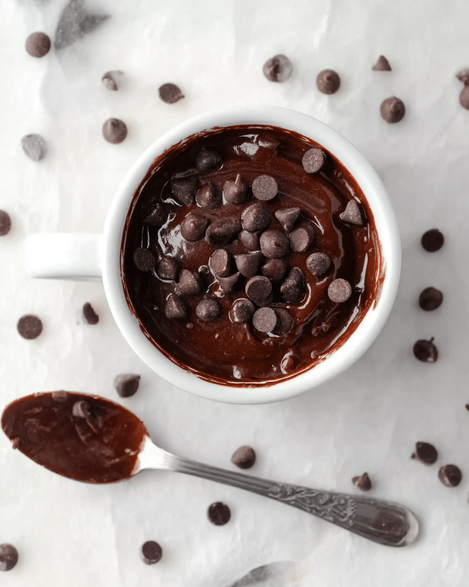 A white mug filled with smooth, thick dark chocolate pudding topped with many small, dark chocolate chips scattered over the surface. The spoon nearby has a layer of the same rich chocolate pudding on it, resting on a white marbled surface. Additional chocolate chips are spread randomly around the mug, adding texture to the scene. photo taken with an iphone --ar 4:5 --v 7