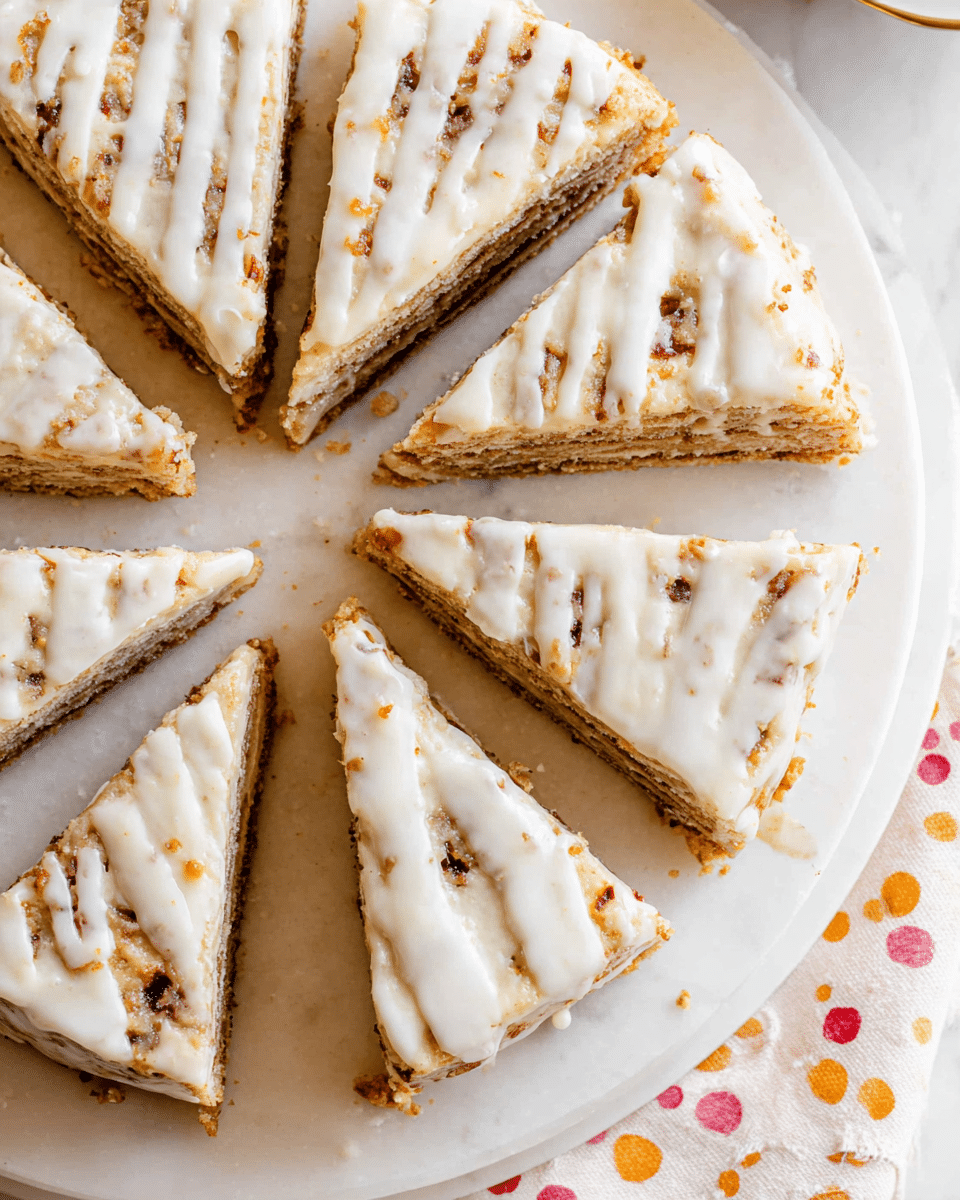 A white plate holds eight triangular slices of a layered dessert, each slice showing three layers: a light brown crunchy base, a soft beige middle with bits of nuts, and a creamy white top with a smooth icing drizzle pattern. The icing is thick and glossy, dripping slightly on the edges. The plate sits on a white marbled surface with a cloth partially visible, featuring a pattern of small orange, red, and pink dots. Photo taken with an iphone --ar 4:5 --v 7