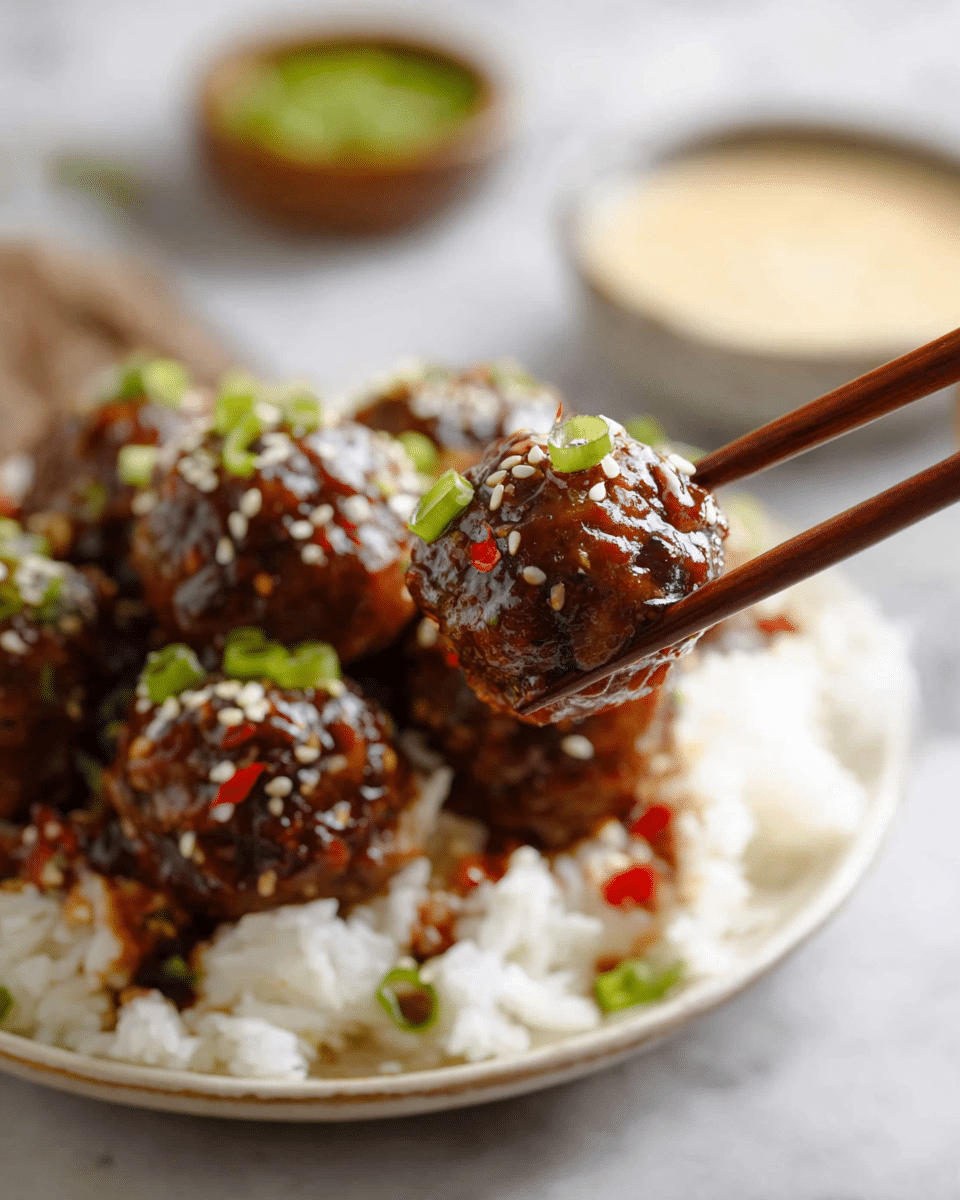 A white plate sits on a white marbled surface, filled with a bed of white rice as the base layer. On top, there are several brown meatballs coated in a shiny, dark brown sauce sprinkled with white sesame seeds and small pieces of green onion. A pair of brown chopsticks, held by a woman's hand, lifts one meatball close to the camera, showing its glossy texture and sauce with tiny bits of red chili. In the blurred background, there are two small bowls, one with a creamy light beige sauce and the other with green garnish. Photo taken with an iphone --ar 4:5 --v 7
