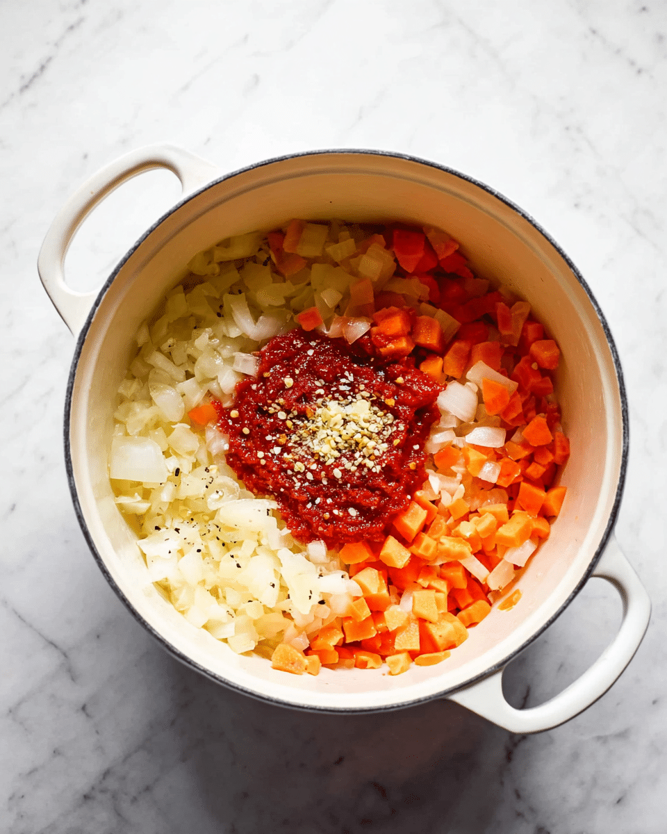 A white pot sits on a white marbled surface, filled with three layers of diced vegetables and spices, starting with a base of translucent chopped onions and bright orange carrots spread evenly around the pot. At the center, there is a bright red dollop of thick tomato paste, topped with finely chopped pale yellow garlic and sprinkled with dark red chili flakes and black pepper. The colors contrast sharply, with the white pot's smooth interior framing the vibrant mix of ingredients. Photo taken with an iphone --ar 4:5 --v 7