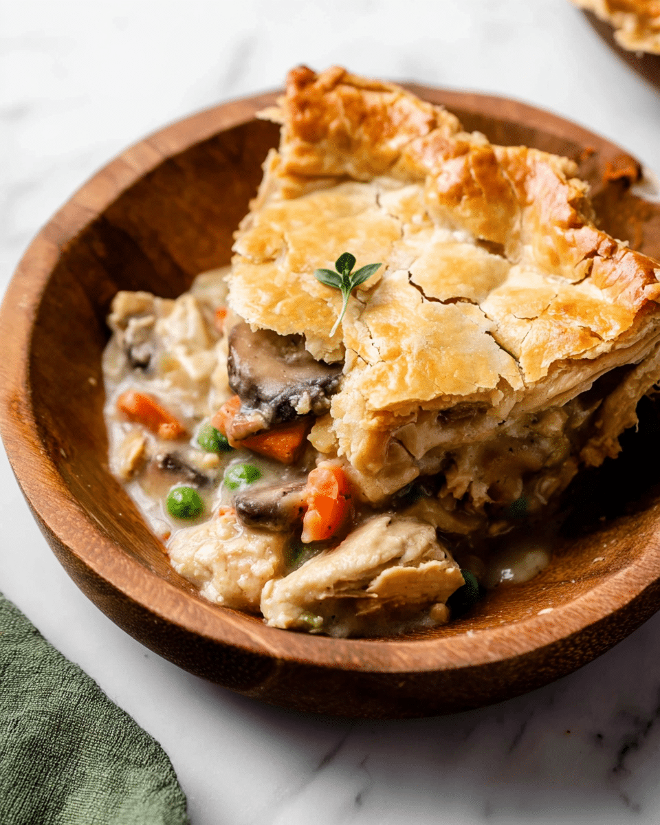 A wooden bowl holds a single slice of savory pot pie with a golden brown flaky crust on top. The crust is thick, uneven, and crimped on the right side, showing a textured, cracked surface with a small green herb garnish. Beneath the crust, there is a creamy filling with visible pieces of white meat, brown mushrooms, orange carrot chunks, and small green peas, all mixed in a light beige sauce. The bowl sits on a white marbled surface, and a green cloth is partially visible on the bottom left corner. photo taken with an iphone --ar 4:5 --v 7