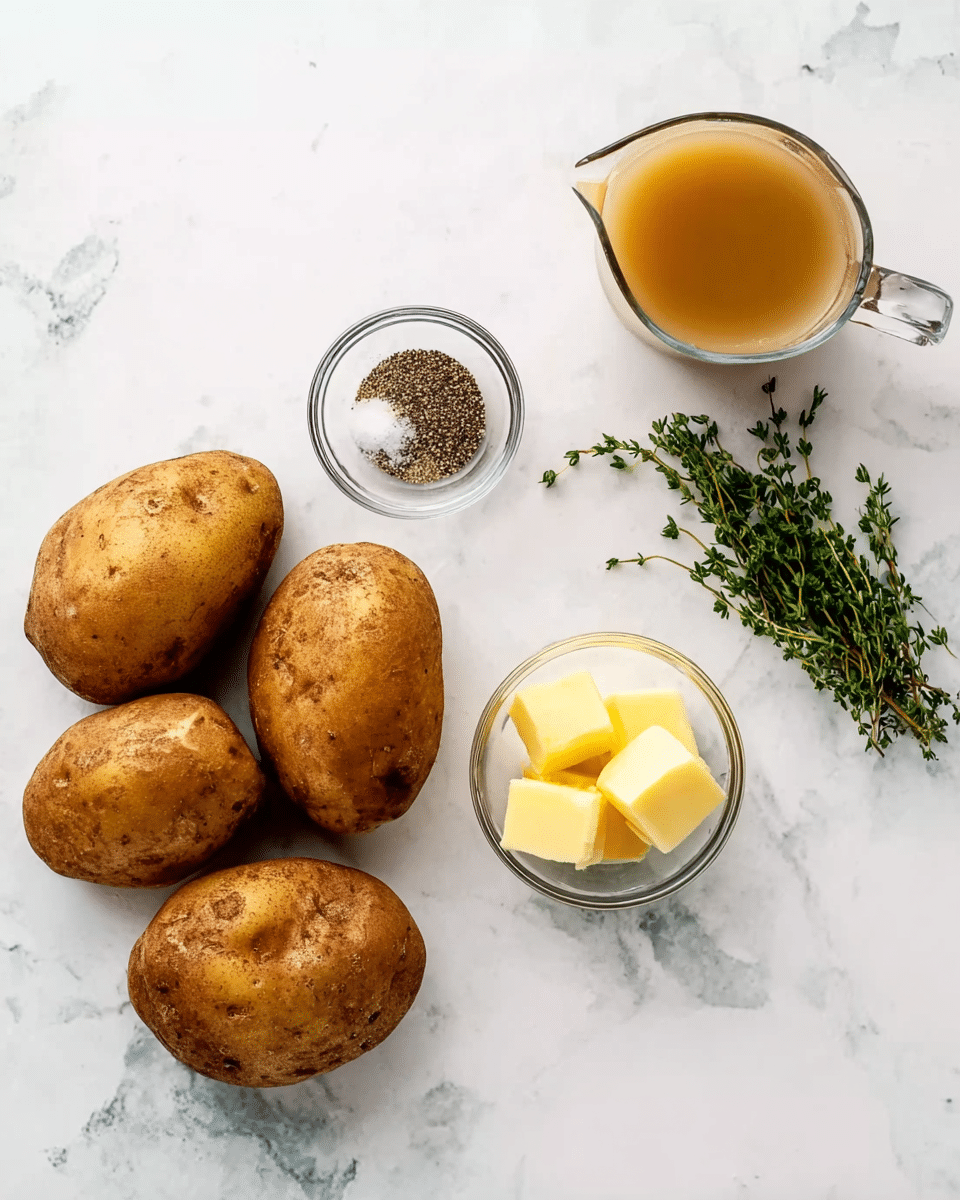 Four whole brown potatoes are placed on the left side of a white marbled surface. On the right side, there is a small clear bowl with black pepper, a few sprigs of green thyme, a small clear bowl with three yellow butter cubes, and a small clear pitcher with light brown broth. The arrangement is simple and neat, showing the ingredients separately and clearly photo taken with an iphone --ar 4:5 --v 7