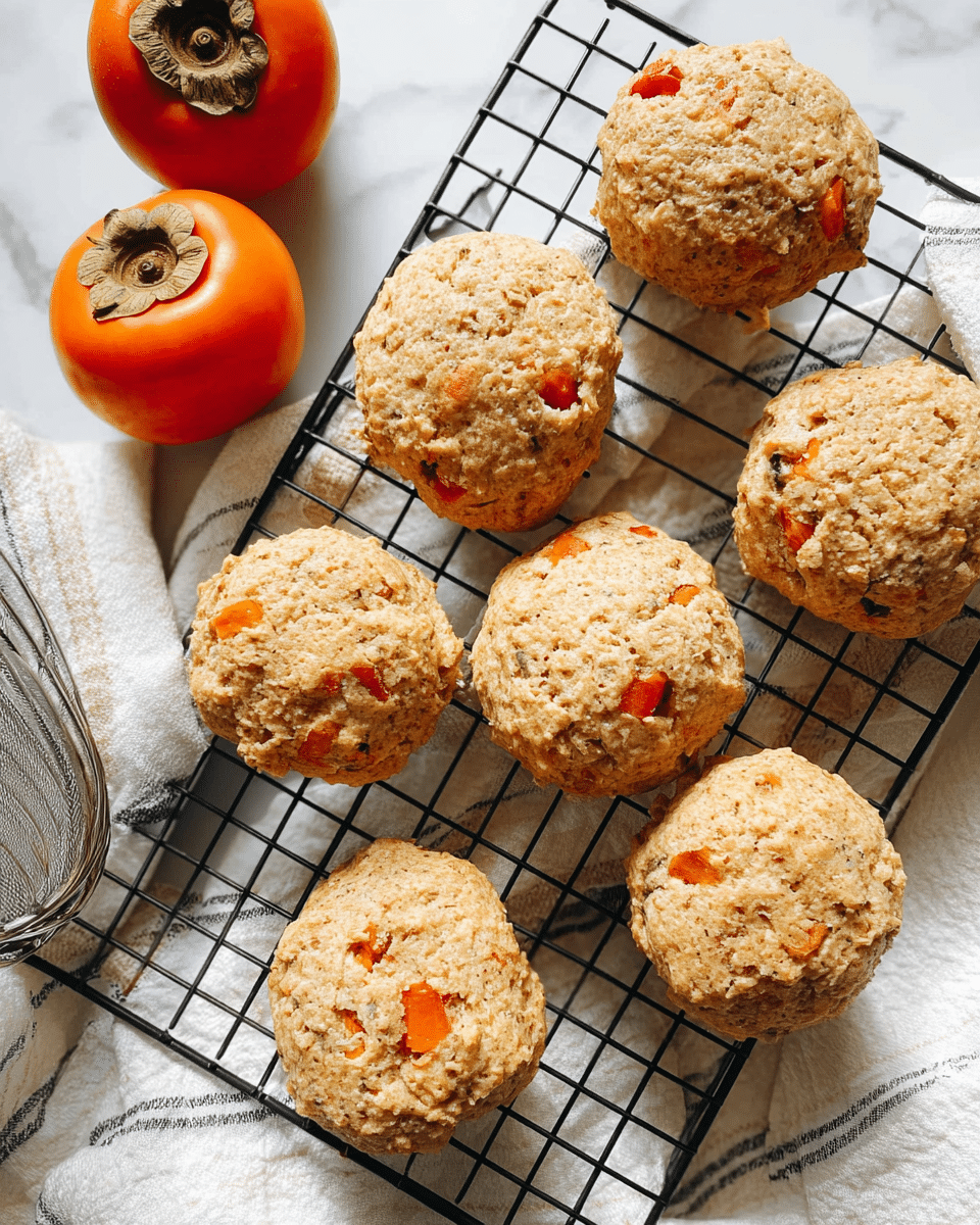 Seven round cookies rest on a black metal cooling rack placed on a white marbled surface. Each cookie is light brown with a rough, bumpy texture and has small orange fruit chunks embedded in the dough. Two bright orange persimmons sit in the top left corner. A white cloth with thin stripes and a metal whisk are visible in the bottom left corner. The image has bright, natural lighting and a clean arrangement. photo taken with an iphone --ar 4:5 --v 7