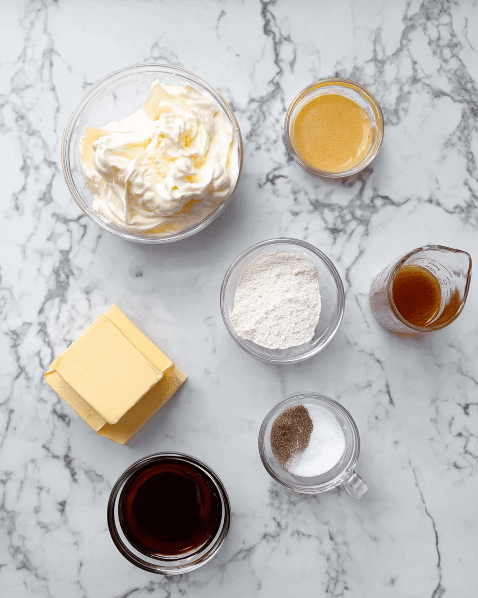 Several small clear bowls and a small clear measuring cup are placed on a white marbled surface. The bowls contain different ingredients: a fluffy white cream in one, a pale yellow powder in another, a light beige powder in a third, a thick white cream in a fourth, a dark brown liquid in a fifth, and mixed black and white peppercorns in a sixth. There is also a small square of pale yellow butter and a clear measuring cup with a dark reddish-brown liquid. The items are arranged loosely in a scattered manner. Photo taken with an iphone --ar 4:5 --v 7