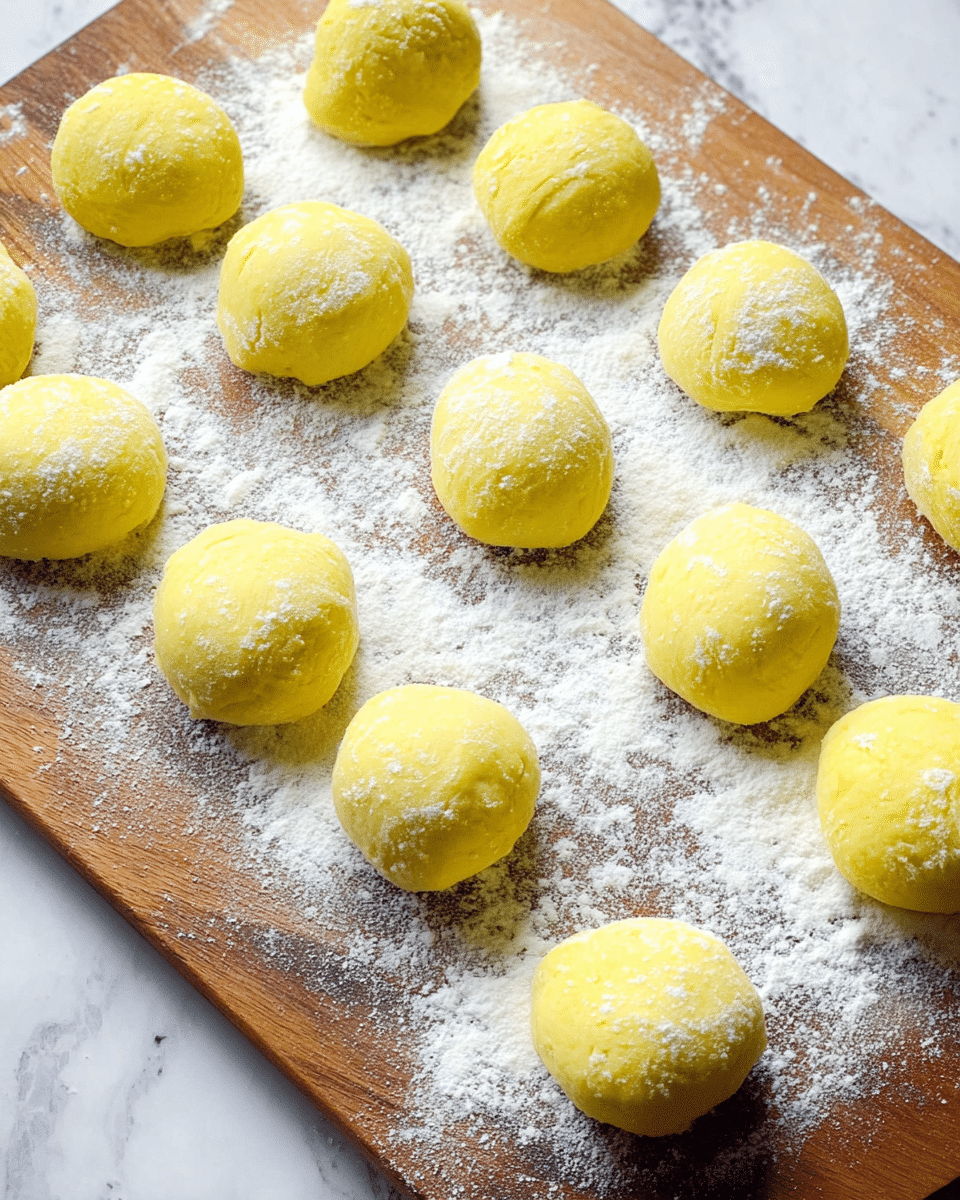 Several small, round dough balls with a smooth, yellow surface are arranged on a wooden board lightly dusted with white flour. The dough balls are evenly spaced in rows, showing a slightly powdery texture where flour sticks to them in places. The contrast of the bright yellow dough against the light flour and warm brown wood creates a simple and neat preparation scene. The background is a white marbled texture. photo taken with an iphone --ar 4:5 --v 7