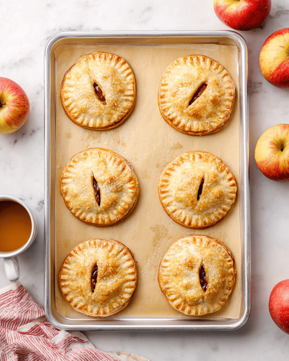 Six small round pastries with a golden brown, flaky crust sit on a square sheet of parchment paper inside a metallic baking tray. Each pastry has three or four slits on the top showing a dark brown filling inside. Around the tray, red and yellow apples rest on a white marbled surface, along with a white cup containing a brown liquid and a red and white striped cloth partially visible at the bottom left. The pastries are evenly spaced, each with a slightly crimped edge around the circumference photo taken with an iphone --ar 4:5 --v 7