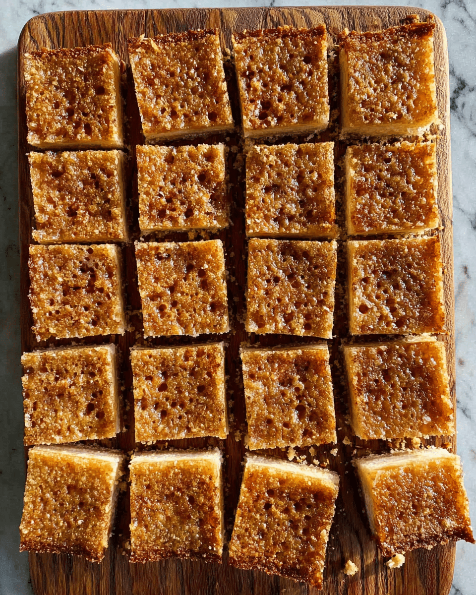 The image shows 18 square pieces of a baked dessert arranged neatly on a wooden board. Each piece has a textured top layer with a golden-brown color and visible small holes, suggesting a crispy and slightly oily surface. The bottom layer is a lighter color, less textured, and looks like a soft base or crust. The pieces are cut evenly in rows and columns, with some crumbs scattered around on the wooden board. The background is a white marbled texture. Photo taken with an iphone --ar 4:5 --v 7