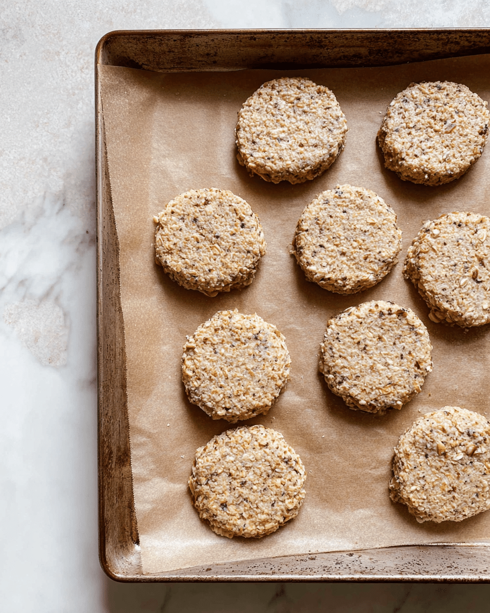 The image shows a baking tray lined with brown parchment paper holding eight round, flat cookies in two rows. Each cookie has a rough texture with visible small bits of oats and nuts, giving them a speckled light beige color with hints of darker brown and yellow. The tray itself is metal and shows signs of use with some discoloration around the edges. The background is a white marbled texture, and the overall lighting is soft and natural. photo taken with an iphone --ar 4:5 --v 7