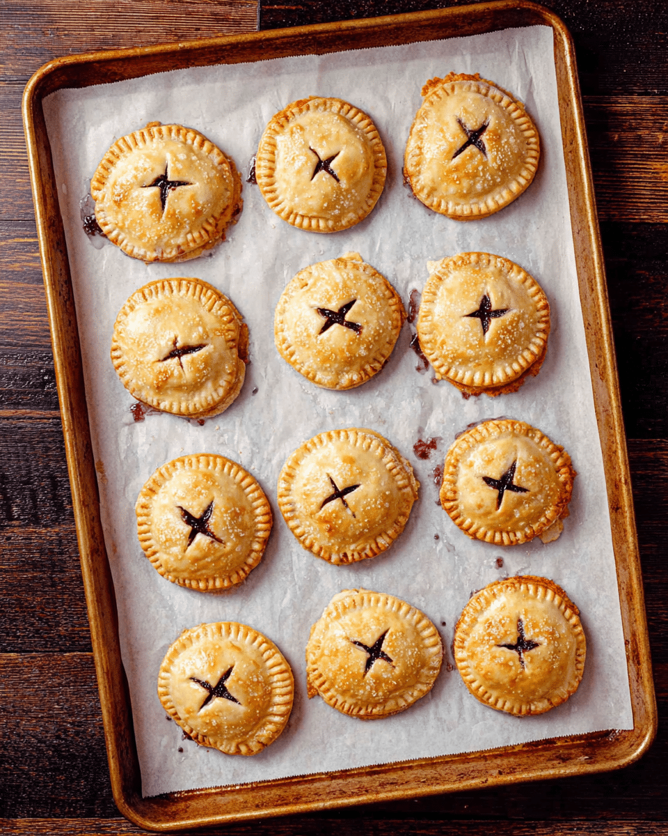The image shows a baking tray with a white parchment paper, holding twelve small, round hand pies arranged in a loose grid. Each hand pie has a golden-brown crust with a crimped edge, and a small cross-shaped cut in the center of the top crust. Dark fruit filling is slightly oozing from some of the pies, creating small dark purple spots on the parchment paper. The tray sits on a dark wooden surface, but the background is changed to a white marbled texture. The overall look is warm and freshly baked, with a rustic feel. photo taken with an iphone --ar 4:5 --v 7