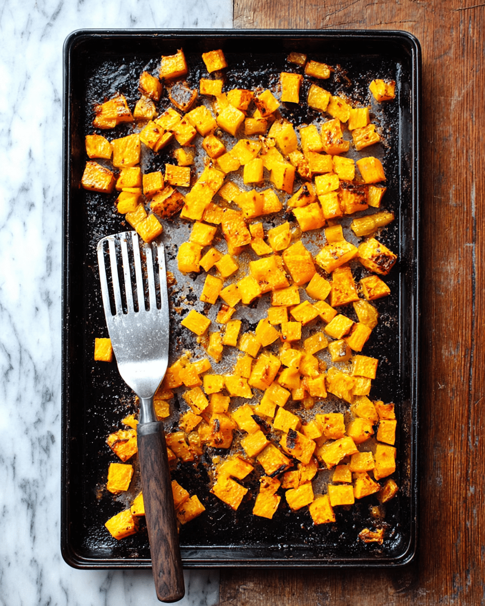 The image shows a black metal baking tray with many small, roasted orange-yellow cubes spread across it, with some pieces showing a light brown roasted texture around the edges. In the lower left corner of the tray, there is a metal spatula with a dark wooden handle resting on the tray. The tray is placed on a white marbled surface. Photo taken with an iphone --ar 4:5 --v 7