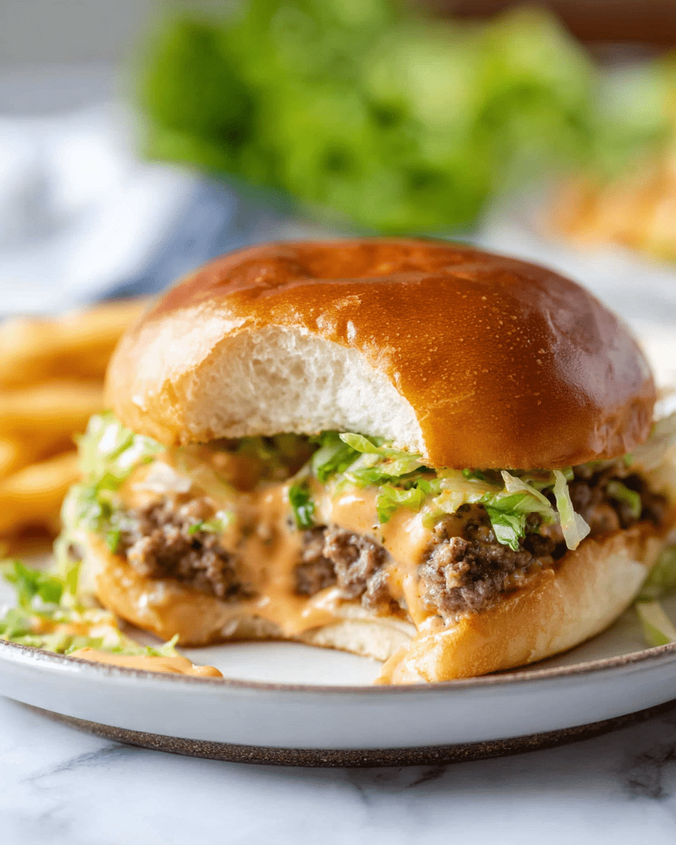 A close-up view of a hamburger on a white plate placed on a white marbled cloth. The burger has four main layers: a glossy light brown top bun, a layer of melted creamy sauce dripping down, crumbled brown cooked beef with some texture, fresh shredded green lettuce below the beef, and a soft light brown bottom bun slightly squished from a bite taken out of it. In the blurred background, there are some yellow fries and light green lettuce on the white marbled surface. photo taken with an iphone --ar 4:5 --v 7