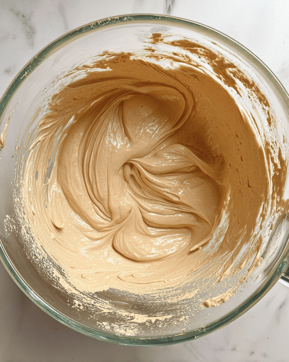 The image shows a clear glass mixing bowl filled with a smooth, light brown creamy mixture. The mixture has soft peaks and swirls with a glossy texture, showing some small air bubbles. The inside walls of the bowl have some remnants of the mixture stuck to them. The bowl is placed on a white marbled surface. Photo taken with an iphone --ar 4:5 --v 7