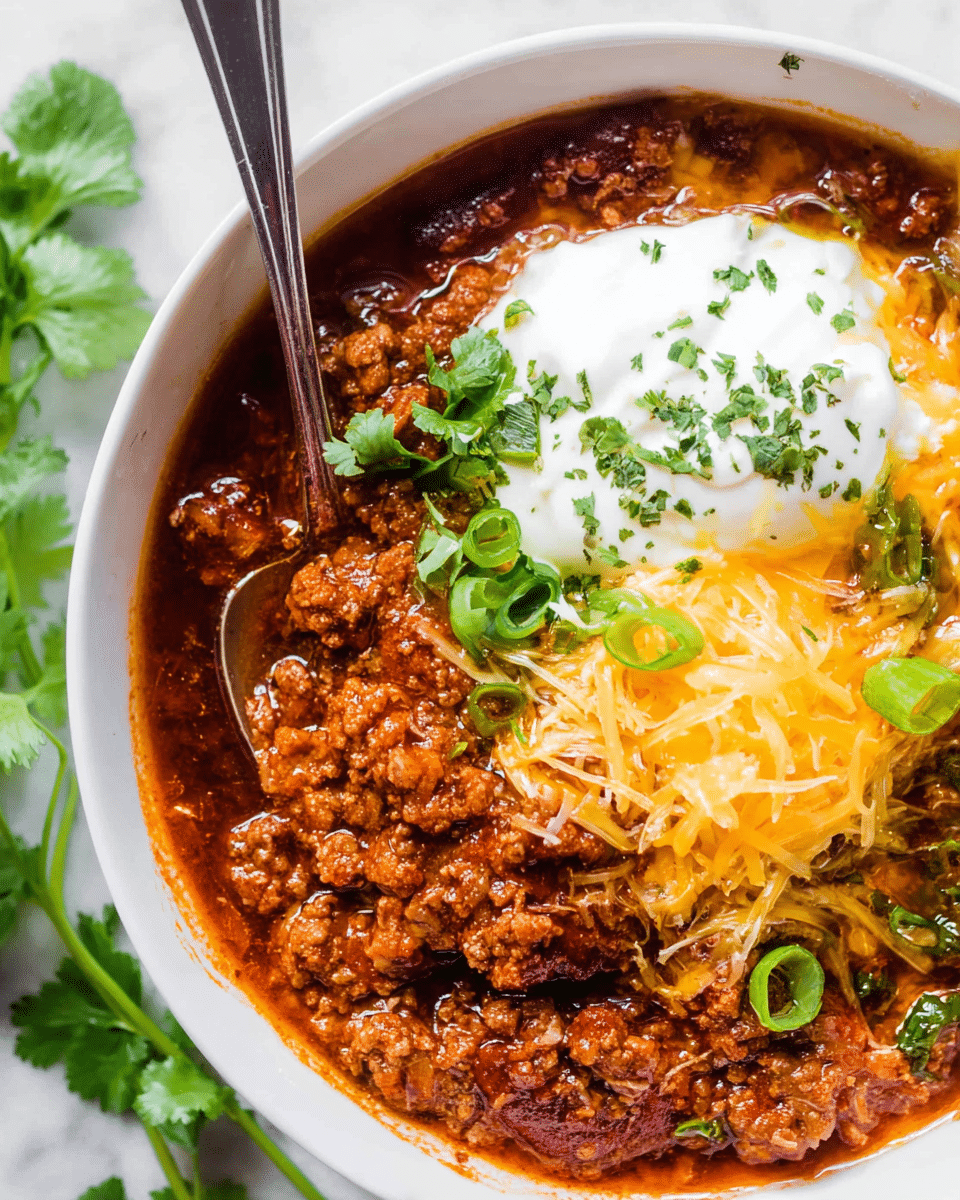 The image shows a close-up of a dish served in a white bowl with a white marbled background. The bottom layer is a thick, rich ground meat chili with a reddish-brown sauce. On top of the chili, towards the right side, there is a melted layer of yellow and white shredded cheese, soft and slightly glossy. To the left of the cheese, there is a dollop of smooth white sour cream, garnished lightly with small green parsley bits. Green sliced scallions are scattered around the chili, adding a fresh look. A few sprigs of bright green cilantro sit at the bottom left edge of the bowl. A silver spoon rests on the right side of the bowl, partly immersed in the chili. photo taken with an iphone --ar 4:5 --v 7
