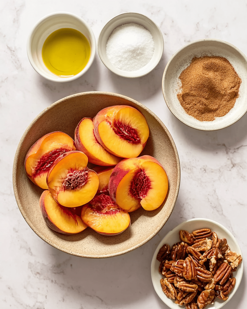 The image shows a close-up of a light brown ceramic bowl full of halved peaches with orange flesh and red centers, placed on a white marbled surface. Around the bowl, there are three small white bowls arranged in a vertical line: the top bowl contains a few tablespoons of olive oil, the middle bowl holds a small pile of white sugar and brown cinnamon powder, and the bottom bowl is filled with light brown sugar. To the right of the bottom bowl, there is a small white bowl filled with whole pecans. The setup suggests ingredients for a fresh peach dish or dessert photo taken with an iphone --ar 4:5 --v 7