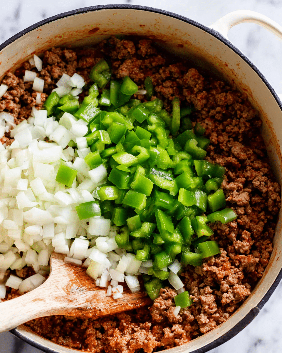 The image shows a close-up of a white enameled pot with browned ground meat filling the bottom layer, topped with a layer of diced white onions and a layer of chopped green bell peppers piled on top. A wooden spatula rests on the left side inside the pot, partially covered by the meat. The pot is placed on a white marbled surface, giving a clean and fresh look. Photo taken with an iphone --ar 4:5 --v 7