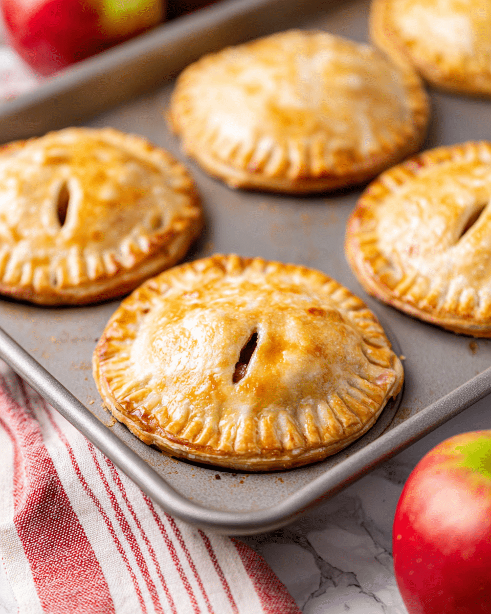 The image shows a close-up of four round, golden-brown hand pies arranged in a gray baking tray. Each hand pie has a shiny, baked crust with three small slits on top that show a bit of the filling inside. The edges of the pies are crimped, creating a textured border around each one. The background is a white marbled surface, and there are red and green apples partially visible around the tray, along with a red and white striped cloth near the bottom left corner. The lighting highlights the warm tones of the pies and gives a fresh, inviting look. photo taken with an iphone --ar 4:5 --v 7
