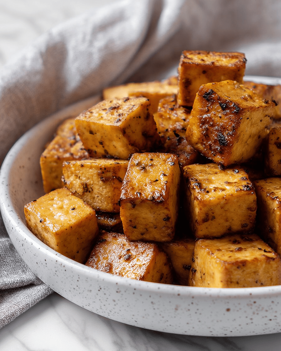 The image shows a close-up of many small, square pieces of crispy tofu with a golden-brown color and some darker char marks. The tofu cubes are stacked unevenly inside a white ceramic bowl with black specks. The bowl sits on a white marbled surface, and a light gray cloth is softly draped in the background. The tofu looks shiny with seasoning and cooked texture. photo taken with an iphone --ar 4:5 --v 7
