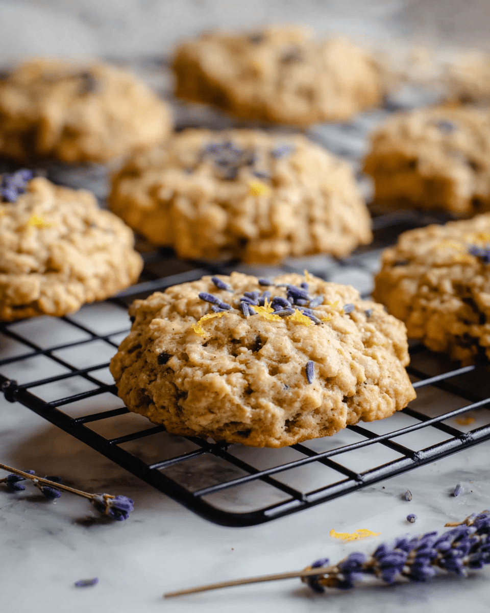 The image shows a close-up of several oatmeal cookies with small pieces of lemon zest and tiny purple lavender flowers on top. They have a rough, crumbly texture and a light golden brown color. The cookies are placed on a black cooling rack over a white marbled surface. A small bunch of lavender flowers lies near the rack on the surface. The focus is on the front cookies, with more cookies softly blurred in the background. photo taken with an iphone --ar 4:5 --v 7