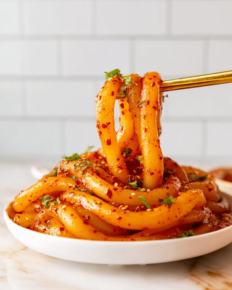 The image shows a close-up of thick, smooth rice noodles covered in a shiny, red chili sauce with visible chili flakes and small green herbs sprinkled on top. The noodles are twisted and piled on a white plate with some strands being lifted by a pair of golden chopsticks held by a woman's hand. The background features a white marbled surface and a simple white subway tile wall, creating a clean and bright setting. The photo taken with an iphone --ar 4:5 --v 7