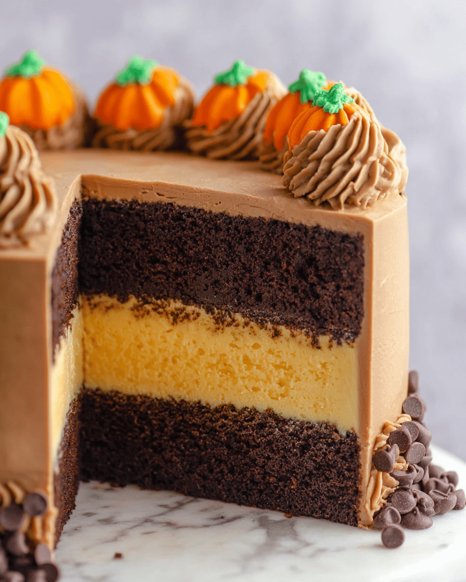 The image shows a close-up view of a three-layer cake standing on a white marbled surface. The bottom and top layers are dark brown chocolate cake with a soft, crumbly texture, while the middle layer is thick, yellow, and smooth, resembling pumpkin or custard. Between each cake layer is a thin spread of light brown chocolate frosting. The cake is covered in a smooth coat of light brown frosting, decorative swirls of the same frosting line the top edge, and small orange pumpkin-shaped frosting decorations with green tops sit on the top of the cake. Chocolate chips are scattered around the base of the cake on the white marbled surface. Photo taken with an iphone --ar 4:5 --v 7