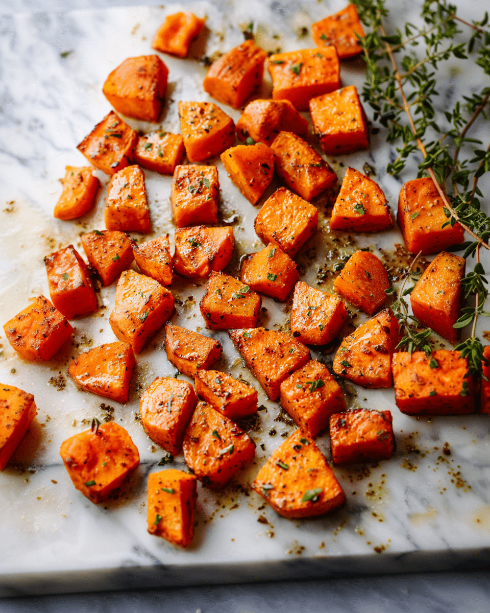 The image shows a close-up view of roasted orange sweet potato cubes, arranged evenly on a white marbled surface. Each cube has a slightly crispy, caramelized outer layer with a glistening texture from oil or butter, and small flecks of green herbs are sprinkled on top. The warm, rich orange color of the sweet potatoes contrasts with the light background, making the dish look fresh and appetizing. photo taken with an iphone --ar 4:5 --v 7