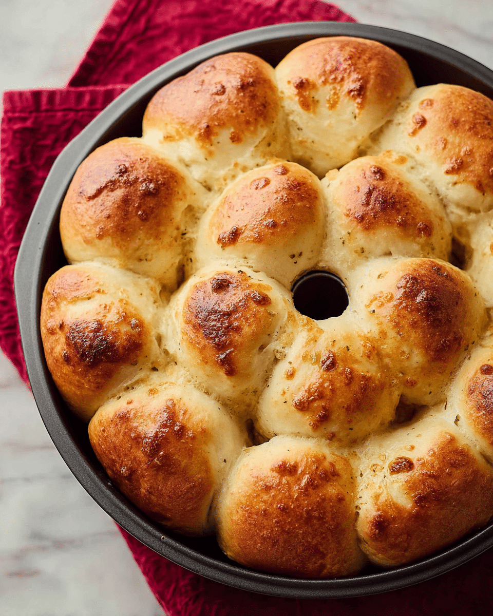 A round bundt pan filled with a circle of baked bread rolls, each roll golden brown on top with specks of herbs and spices visible, the rolls are touching each other showing soft and fluffy texture beneath the browned tops. The pan rests on a white marbled surface with a red-striped cloth partly visible beneath the pan handle. The light shines warmly from the side, highlighting the texture of the wood and the soft crust of the rolls photo taken with an iphone --ar 4:5 --v 7