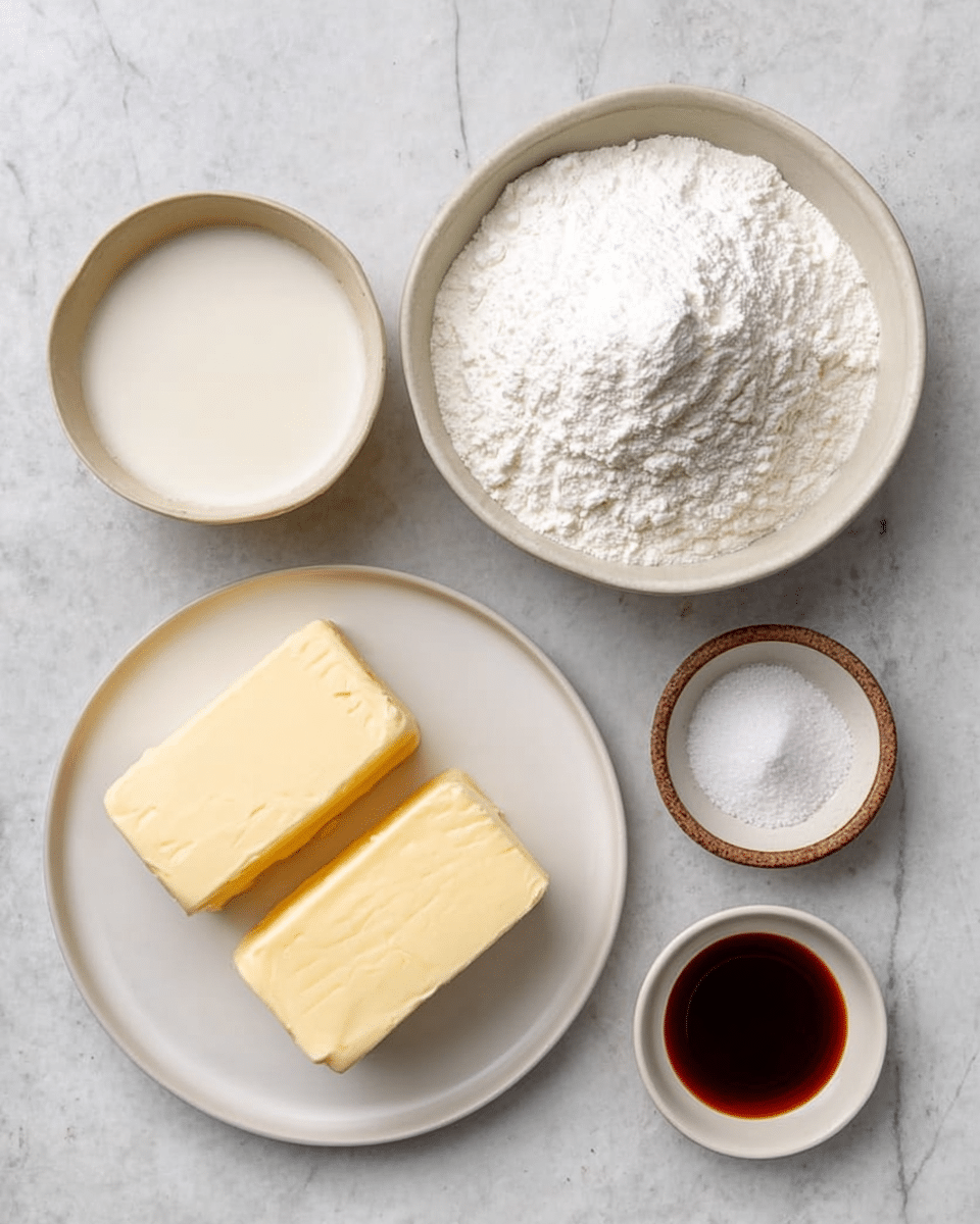 The image shows five bowls and plates with ingredients on a white marbled surface. On the bottom left, there is a white plate holding two thick blocks of pale yellow butter. To the right of the butter plate, there is a white bowl filled with a large mound of white powder that looks like powdered sugar. Above the butter plate, there is a small beige bowl with cream inside. Next to this bowl, there is a small brown bowl filled with white granulated salt. To the right of the salt bowl, there is a small white bowl filled with dark brown liquid vanilla extract. All bowls and plates are neatly arranged and viewed from above. Photo taken with an iphone --ar 4:5 --v 7