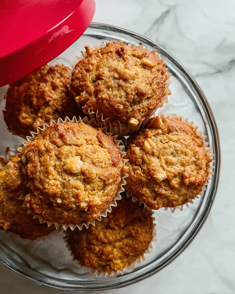 The image shows five golden brown muffins with a rough textured top showing small pieces of nuts or fruit inside, arranged closely together inside a clear glass bowl. Part of a red lid is visible being lifted by a woman's hand at the top left corner. The muffins are sitting directly on the bottom of the bowl. The background surface has a white marbled texture. photo taken with an iphone --ar 4:5 --v 7