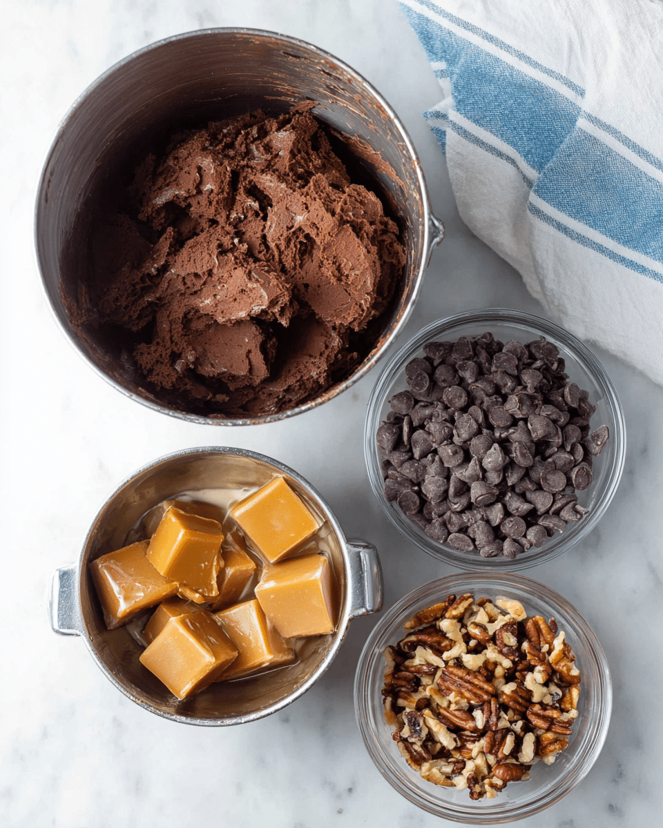 The image shows four containers on a white marbled surface. The largest container is a metal bowl filled with dark brown chocolate dough, thick and rough in texture, sitting at the top center. Below it on the left is a metal saucepan holding light brown caramel squares soaking in cream, with a smooth glossy look. To the right of the saucepan, there is a small clear glass bowl filled with dark chocolate chips that have a smooth and shiny finish. Next to it on the far right is another small clear glass bowl with mixed chopped nuts in various shades of brown, showing rough and uneven textures. A white cloth with blue stripes is partially visible at the top right corner. Photo taken with an iphone --ar 4:5 --v 7