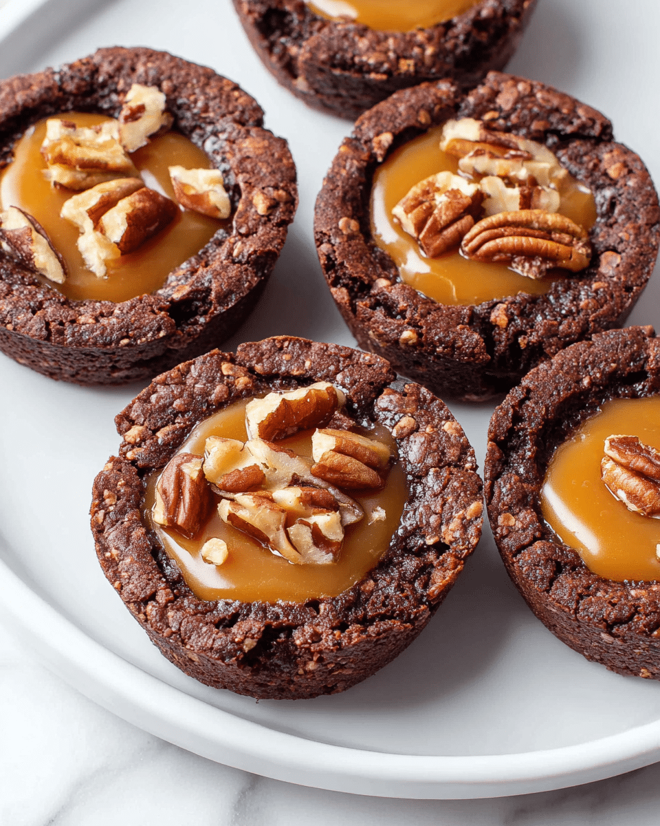 The image shows four round chocolate brownies, each with a thick layer of smooth caramel sauce in the center, topped with uneven pieces of toasted pecans. The brownies have a textured surface with some cracks and a slightly raised rim holding the caramel. The brownies sit on a plain white plate, placed on a white marbled surface. The colors include dark brown for the brownies, golden amber for the caramel, and a mix of light to medium brown for the pecans. photo taken with an iphone --ar 4:5 --v 7