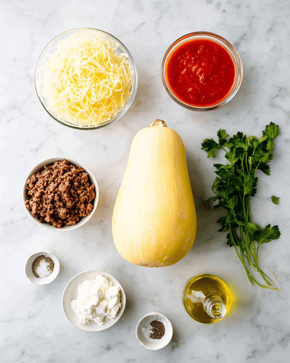 The image shows ingredients arranged on a white marbled surface, centered around a whole pale yellow squash placed in the middle. Above the squash, there is a small bowl filled with shredded light yellow cheese on the left and a clear glass measuring cup containing bright red tomato sauce on the right. Below the tomato sauce, a small white bowl holds white ricotta cheese. To the bottom left of the squash, a small white bowl contains brown cooked ground meat. Next to it on the right, a tiny white dish holds a mix of black pepper and white salt. Near the bottom right corner, a small glass bottle filled with light yellow olive oil sits above a bunch of fresh green parsley. photo taken with an iphone --ar 4:5 --v 7
