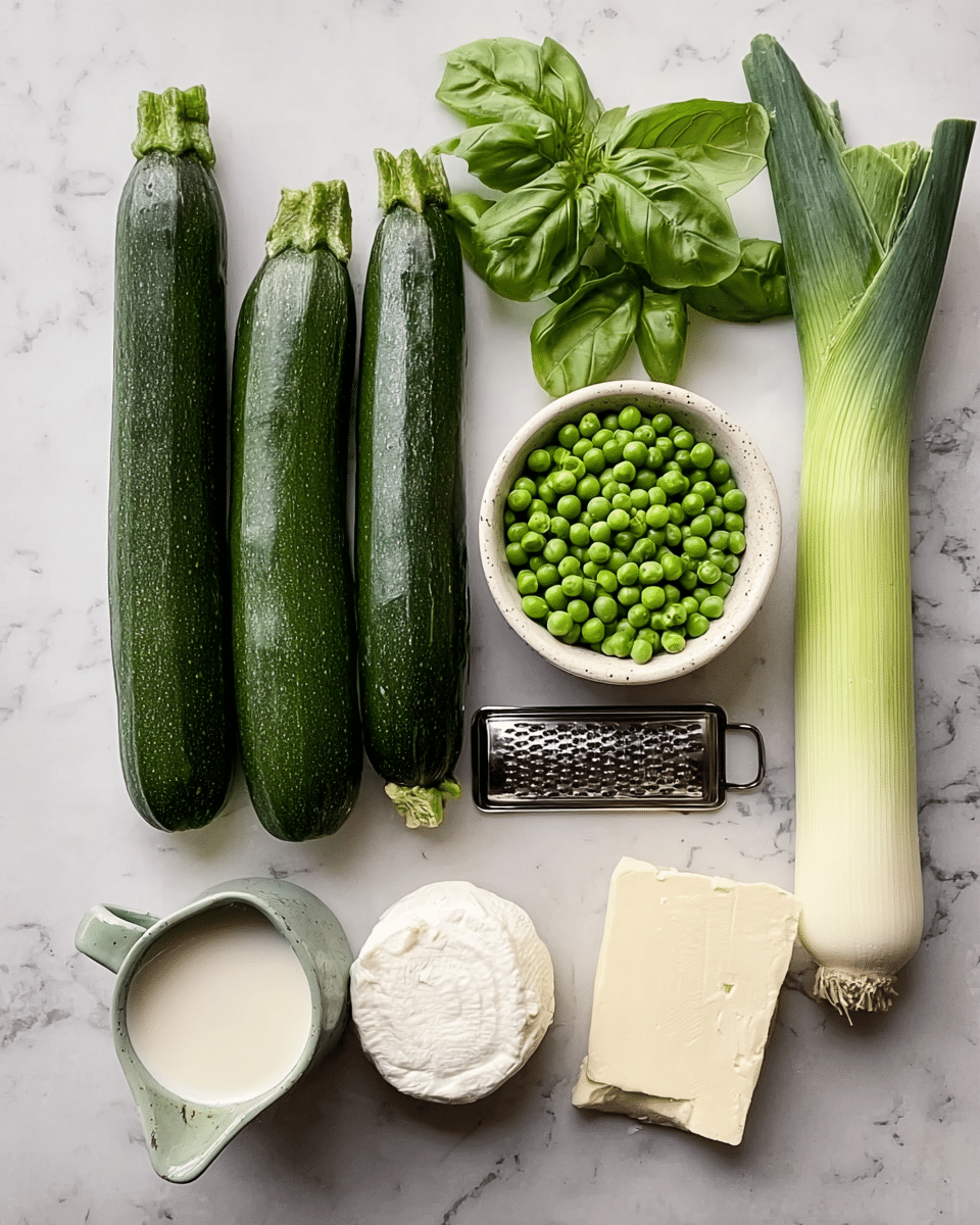 The image shows ingredients neatly arranged on a white marbled surface. There are three dark green zucchinis placed vertically in a row on the left. Above the zucchinis, fresh green basil leaves are laid out. To the right of the zucchinis, there is a small white bowl filled with bright green peas. Beside the bowl, a leek with light green on top and white at the bottom lies horizontally. Below the leek are two small items: a round ball of white soft cheese and a small white jug with cream or milk. A small rectangular black and silver grater is also placed close to the middle. photo taken with an iphone --ar 4:5 --v 7